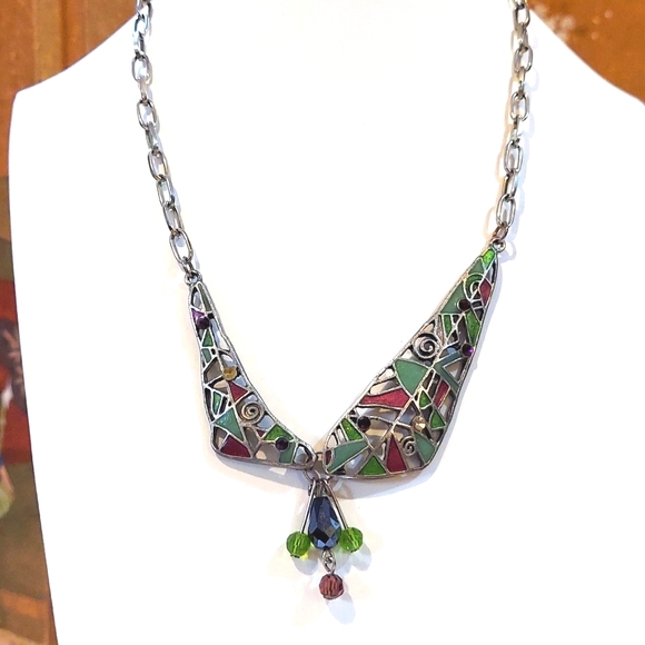 Vintage Jewelry - SA Necklace Mosaic Beads Paperclip Silvertone Chain‎